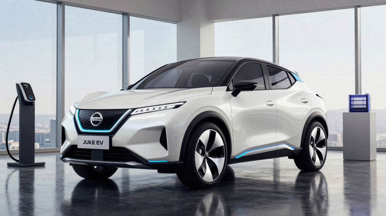 Carro elétrico branco Nissan Juke EV estacionado numa sala moderna com carregador elétrico.