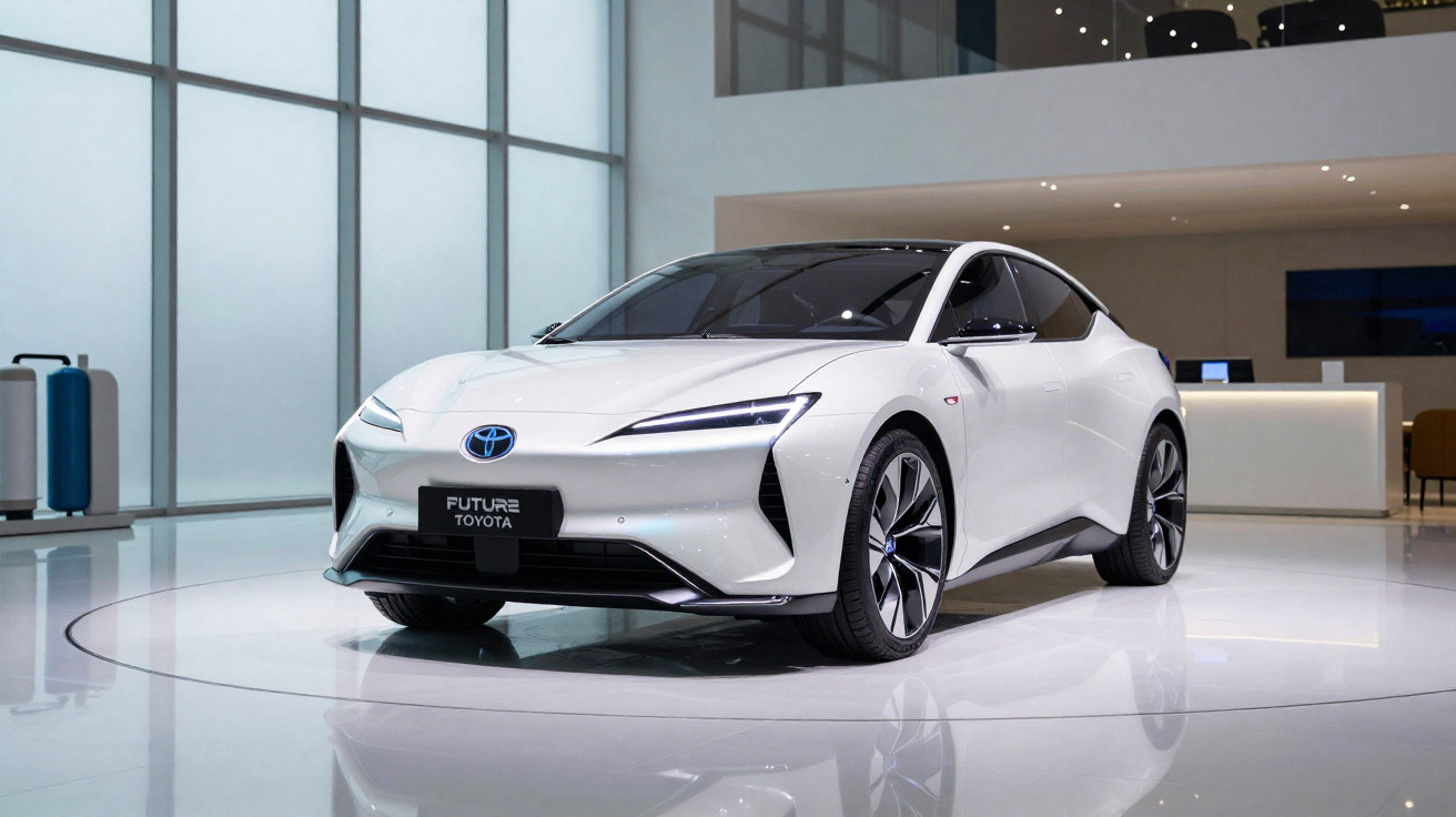 Carro elétrico branco Toyota Future exposto num showroom moderno com janelas grandes e iluminação suave.