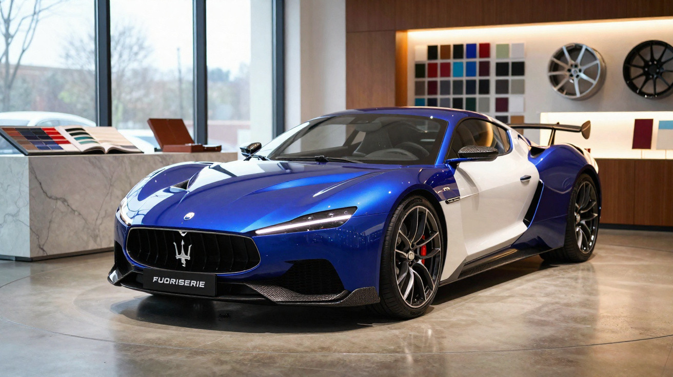 Carro desportivo Maserati azul, branco e preto em exposição numa sala moderna e iluminada.