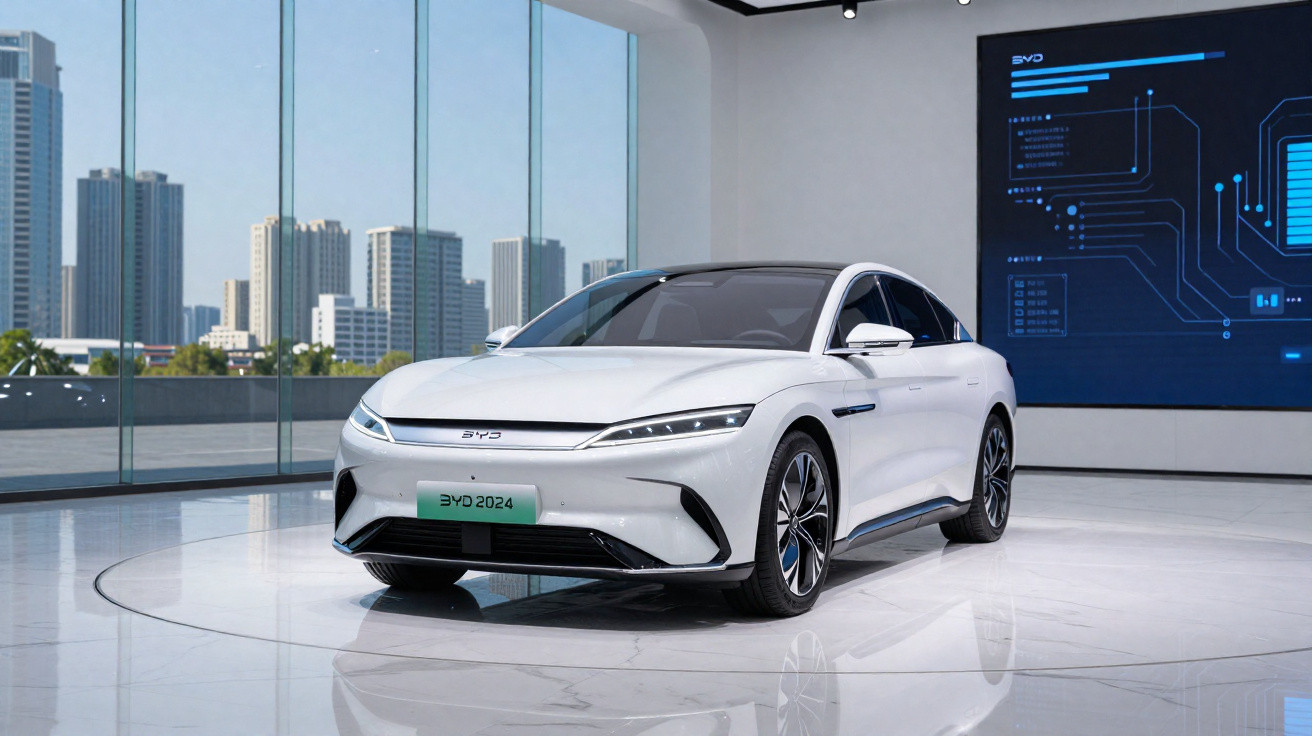 Carro elétrico branco BYD 2024 exibido em sala de exposição moderna com vista urbana através de janelas de vidro.