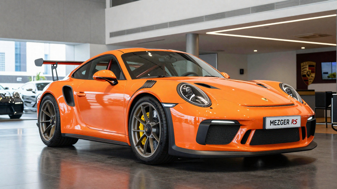 Carro desportivo laranja Porsche 911 GT3 RS estacionado em showroom moderno.