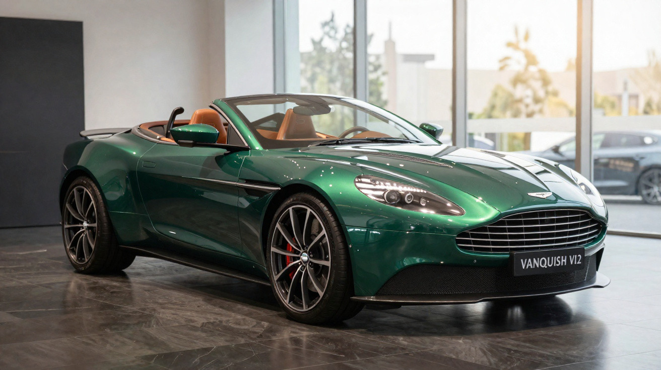 Carro desportivo conversível verde Aston Martin Vanquish V12 num showroom com interior em couro castanho.