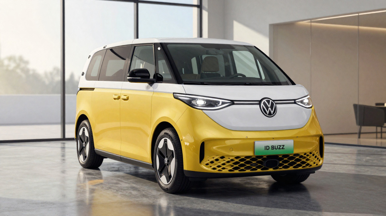 Minivan elétrica Volkswagen ID Buzz amarela e branca estacionada em espaço interior moderno com luz natural.