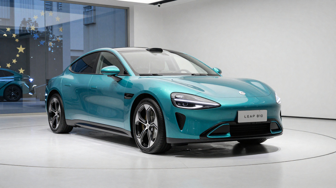 Carro elétrico desportivo azul LEAP 810 exposto numa sala branca moderna com janelas grandes.