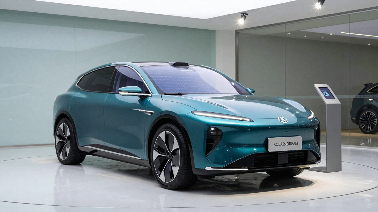 Carro elétrico verde com painéis solares no tejadilho exposto em showroom moderno.