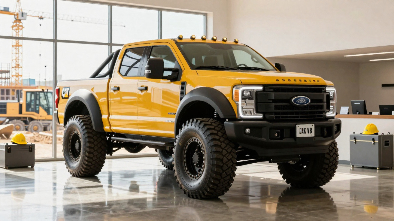 Pick-up amarela de grande porte com pneus off-road grossos num espaço interior moderno.