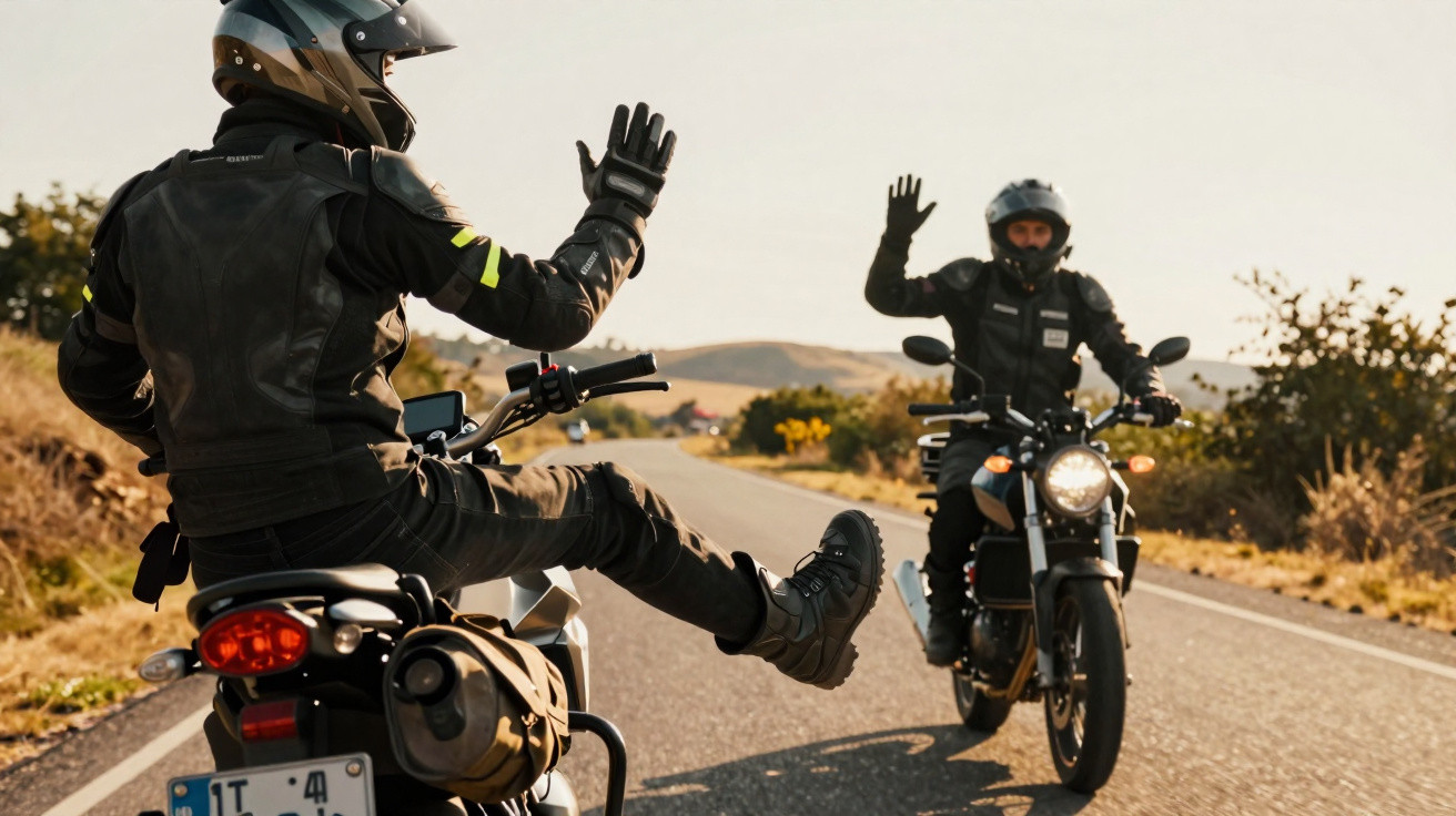 Dois motociclistas com capacetes e roupas de proteção cumprimentam-se numa estrada rural ao pôr do sol.