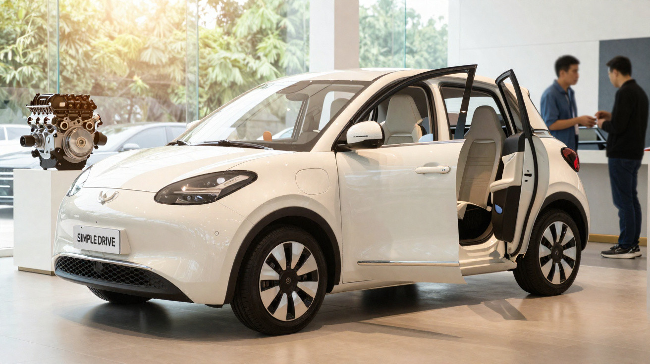 Carro elétrico branco com portas abertas em exposição interior, com duas pessoas ao fundo.
