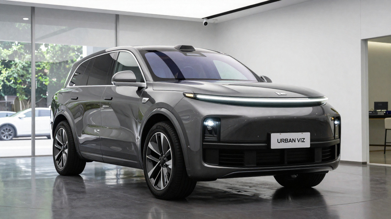 Carro elétrico cinzento urbano em exposição num showroom moderno, com jantes elegantes e faróis LED.