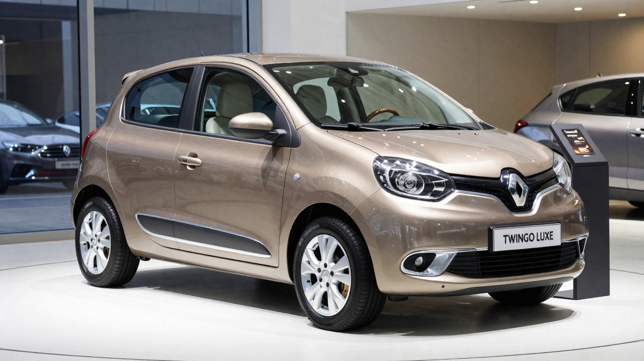 Renault Twingo Luxe castanho exposto em salão de automóveis, vista frontal lateral direita.