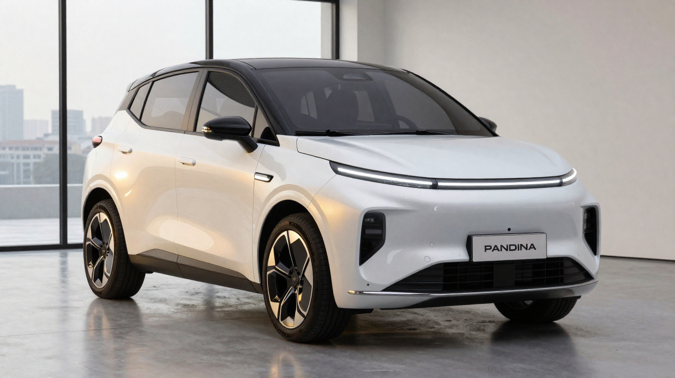 Carro elétrico branco modelo Pandina estacionado em interior com janelas e chão de cimento.