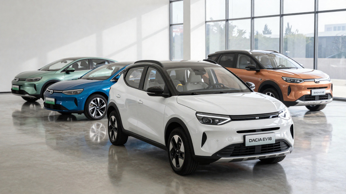 Quatro carros elétricos novos em exposição numa sala clara com janelas grandes.