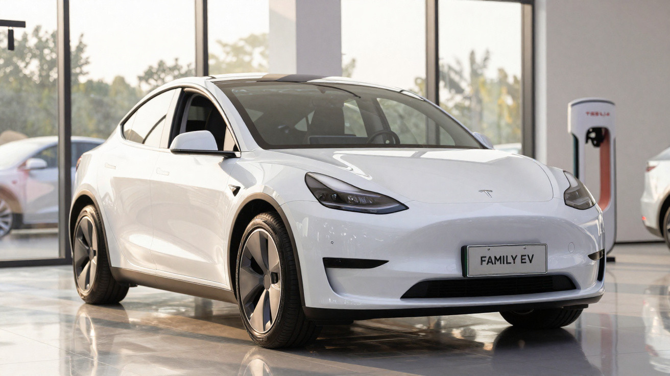 Carro elétrico branco Tesla estacionado dentro de uma concessionária moderna com chão refletor.