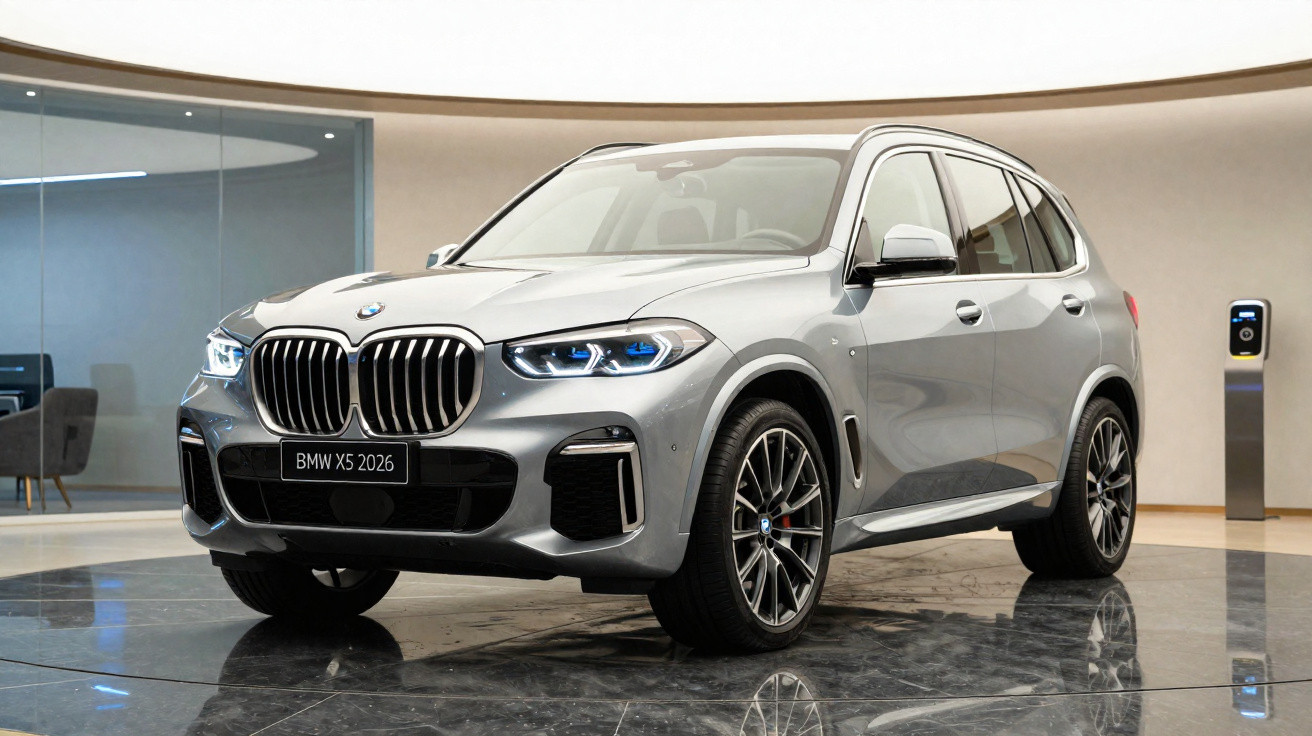 BMW X5 2026 cinza, SUV moderno em exibição num espaço interior com chão refletor.