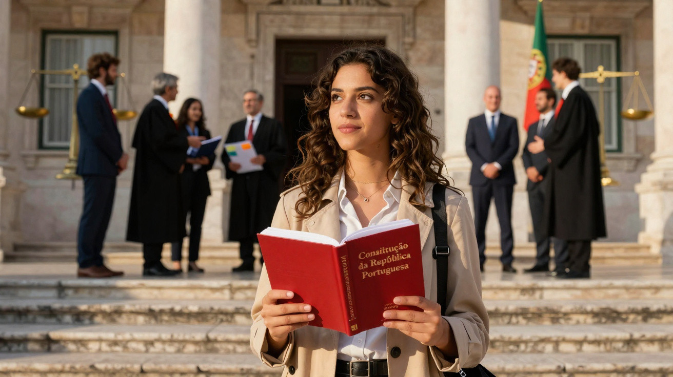 Jovem mulher segura o livro da Constituição da República Portuguesa em frente a edifício oficial com várias pessoas ao fundo.