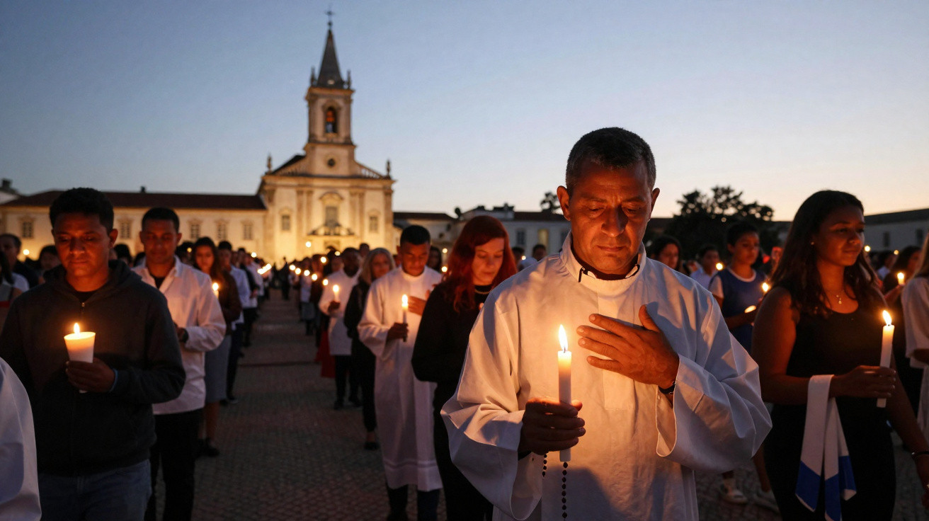 Grupo de pessoas em vigília com velas acesas numa cerimónia religiosa ao anoitecer, com igreja ao fundo.