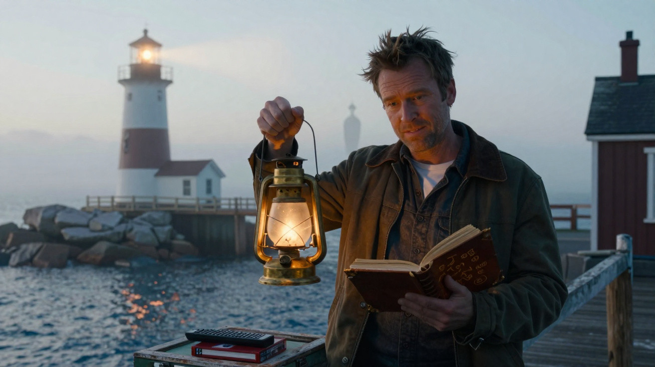 Homem com cabedal castanho segura lâmpada a gás e lê livro num cais com farol e mar ao fundo ao entardecer.