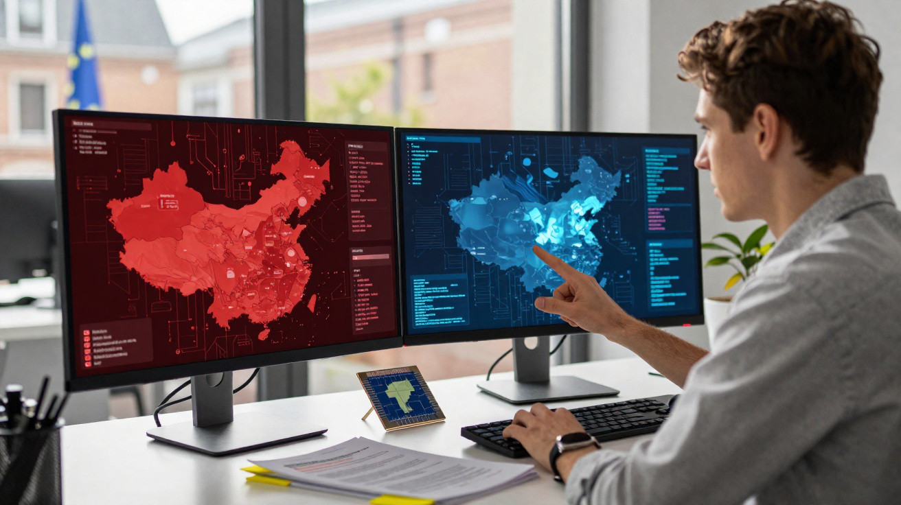 Homem sentado diante de dois ecrãs com mapas digitais da China em vermelho e azul numa mesa de escritório.