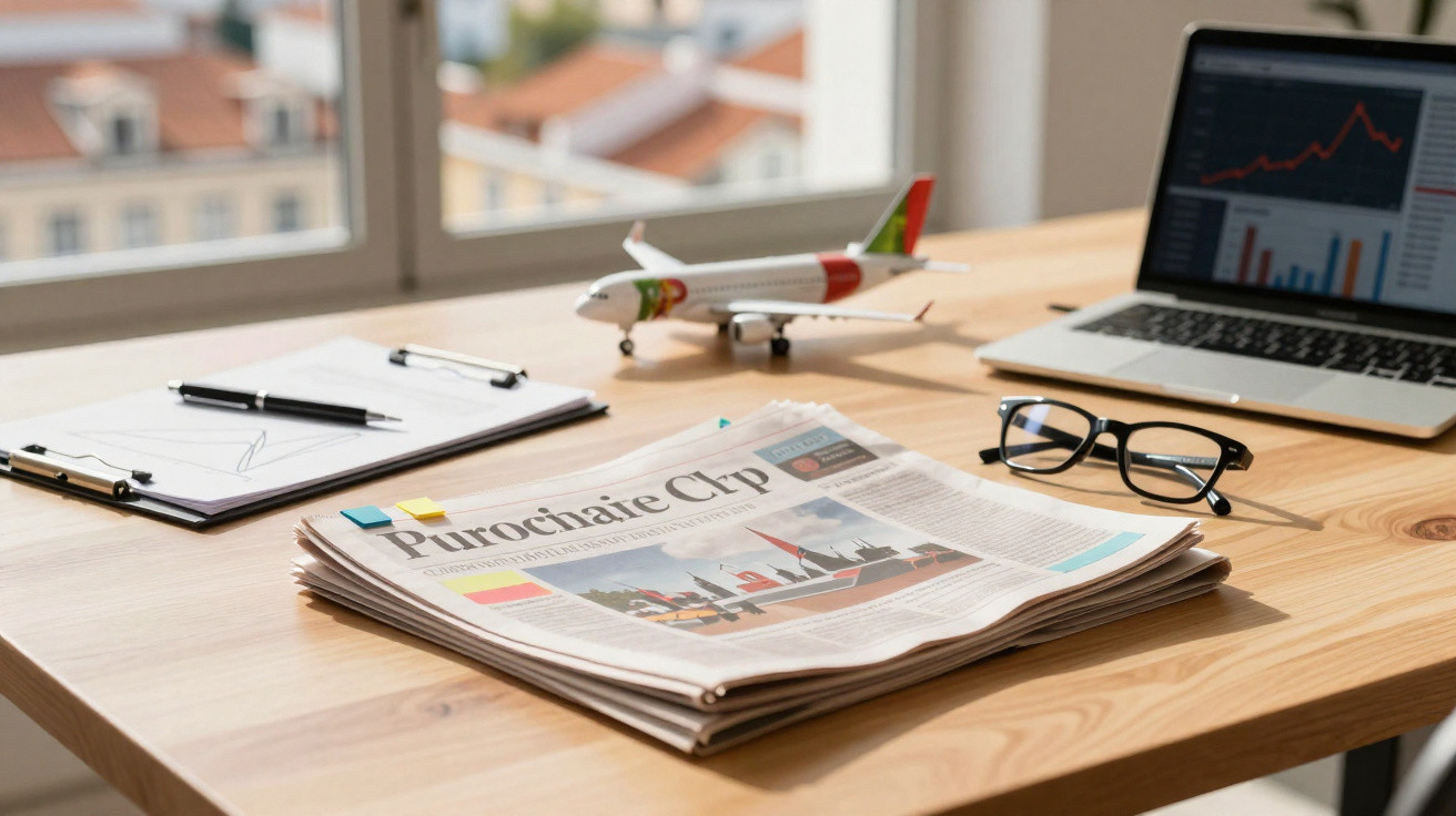 Mesa com jornal, óculos, laptop com gráficos, bloco de notas com canetas e modelo de avião junto a janela.