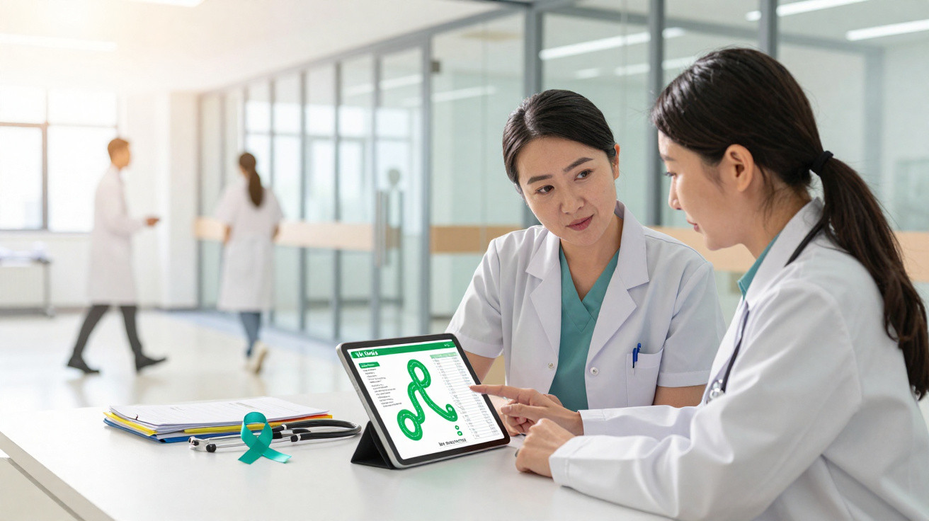 Duas médicas em consulta discutem exames mostrados num tablet num ambiente hospitalar moderno.