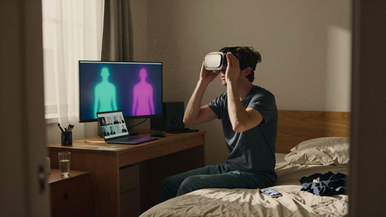 Rapaz com óculos de realidade virtual sentado na cama e computador com imagens de avatares na secretária.
