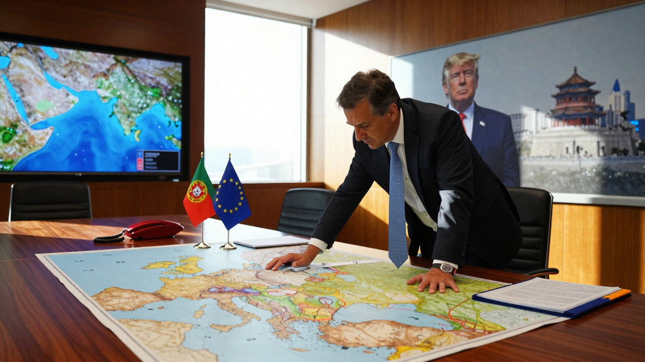 Homem de fato observa mapa da Europa numa sala com bandeiras de Portugal e União Europeia sobre a mesa.