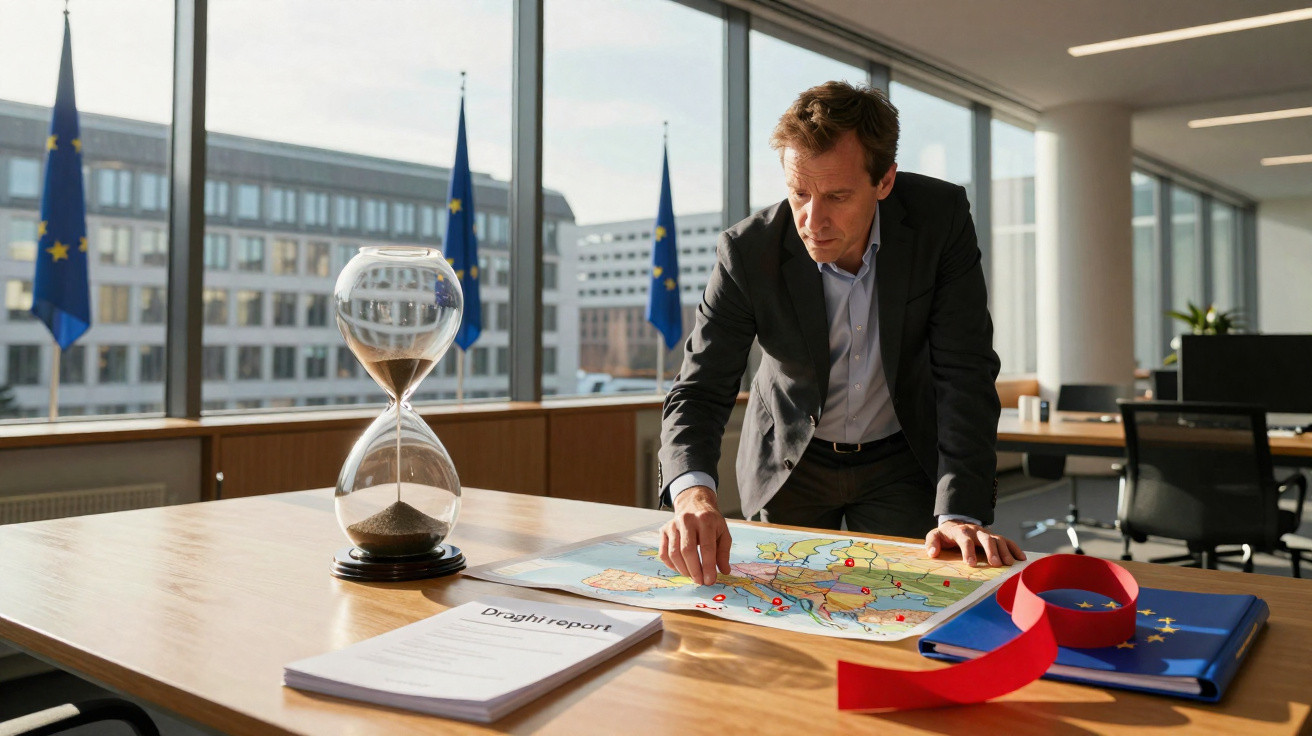Homem de fato analisa mapa numa sala com bandeiras da União Europeia e ampulheta numa mesa.