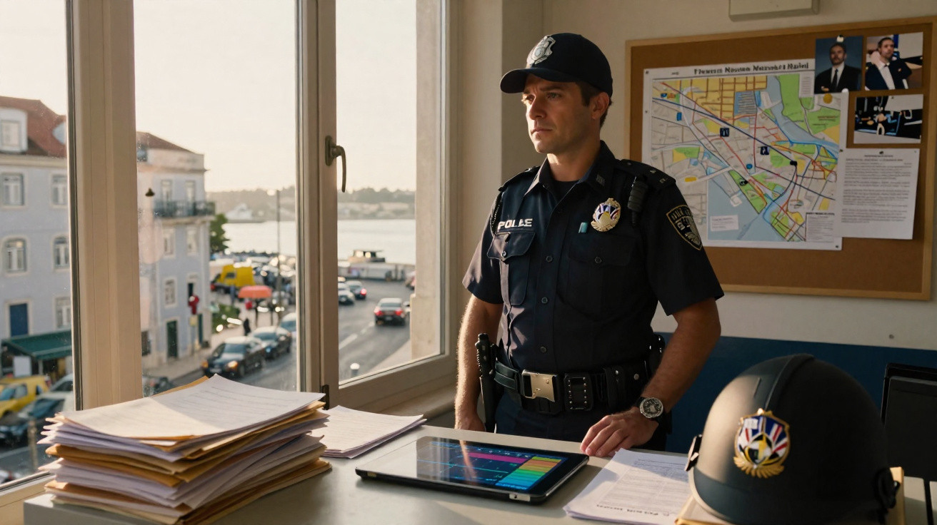 Polícia masculino em uniforme dentro do escritório, olhando pela janela com mapa e papéis na secretária.