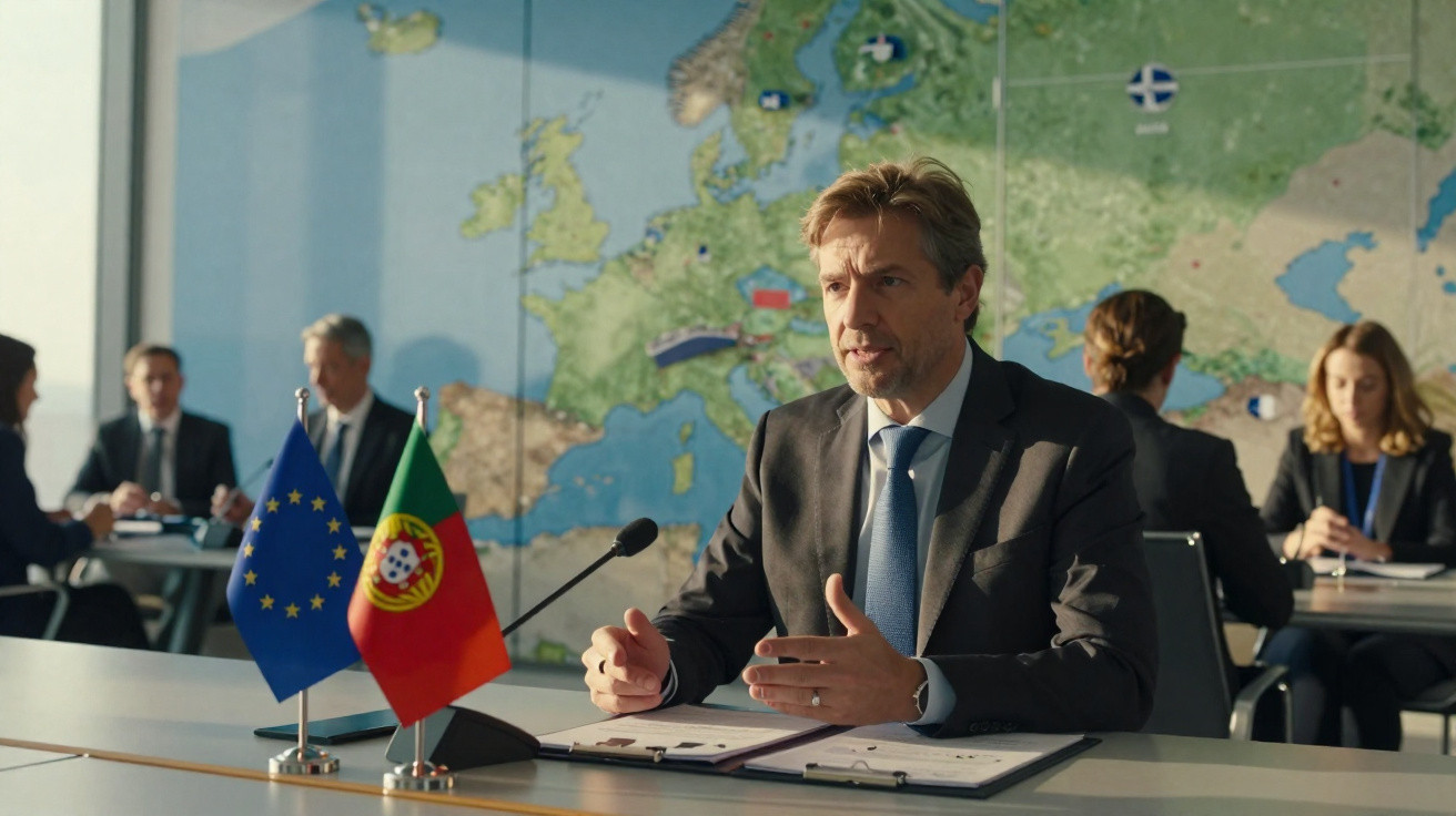 Homem de fato sentado à mesa com bandeiras da União Europeia e Portugal, mapa da Europa ao fundo.