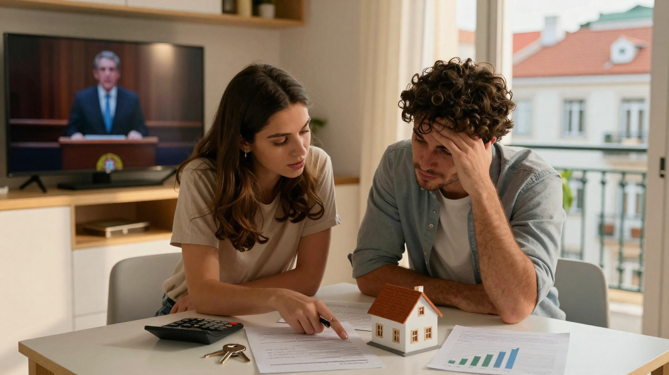 Casal preocupado a analisar documentos financeiros e uma maquete de casa numa mesa com candeeiro e calculadora.