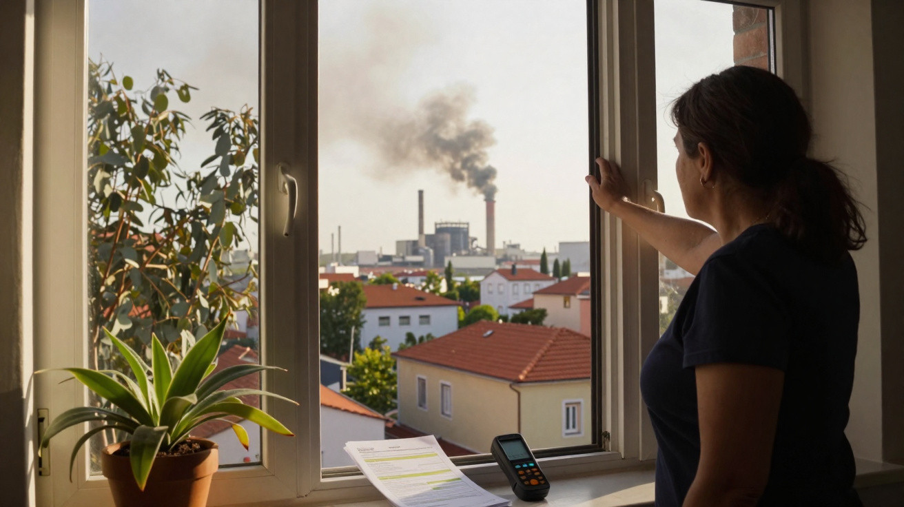 Mulher observa fumaça preta de chaminé industrial pela janela com plantas e documentos à frente.