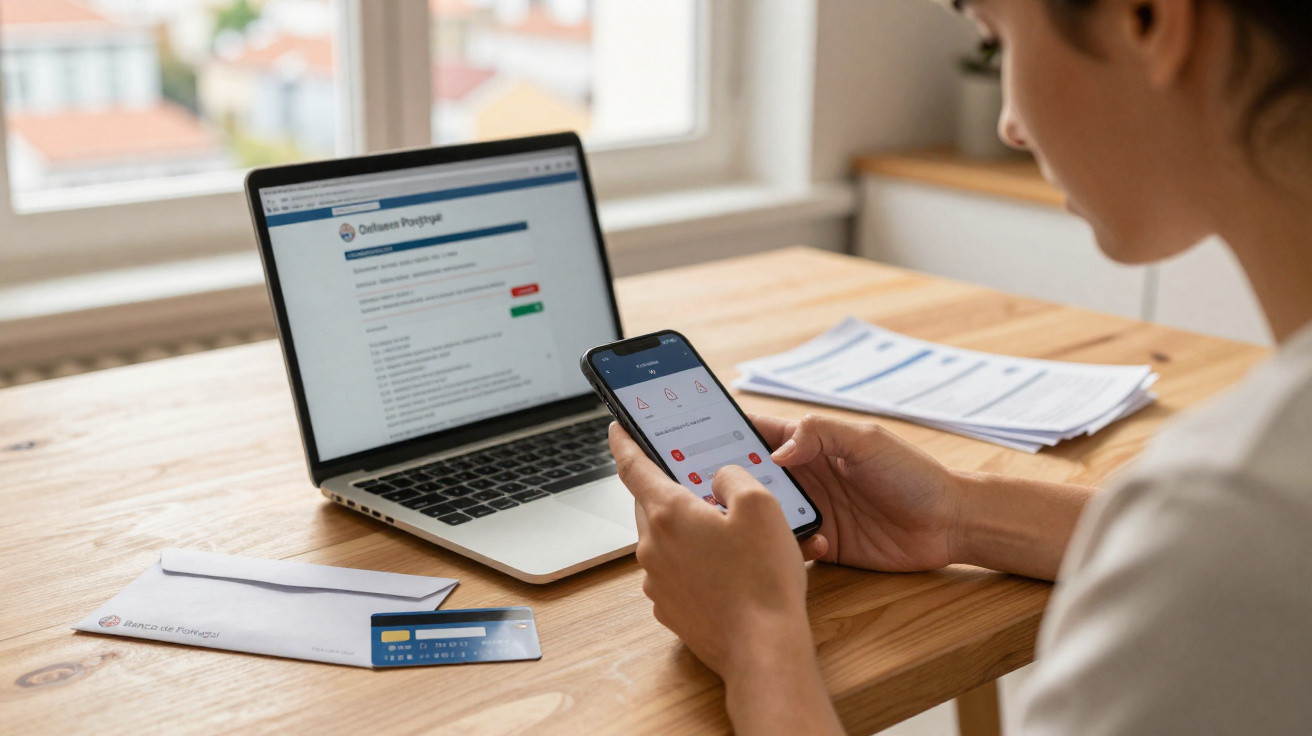 Pessoa a consultar aplicações de banco online no telemóvel com computador portátil e cartão bancário numa mesa.