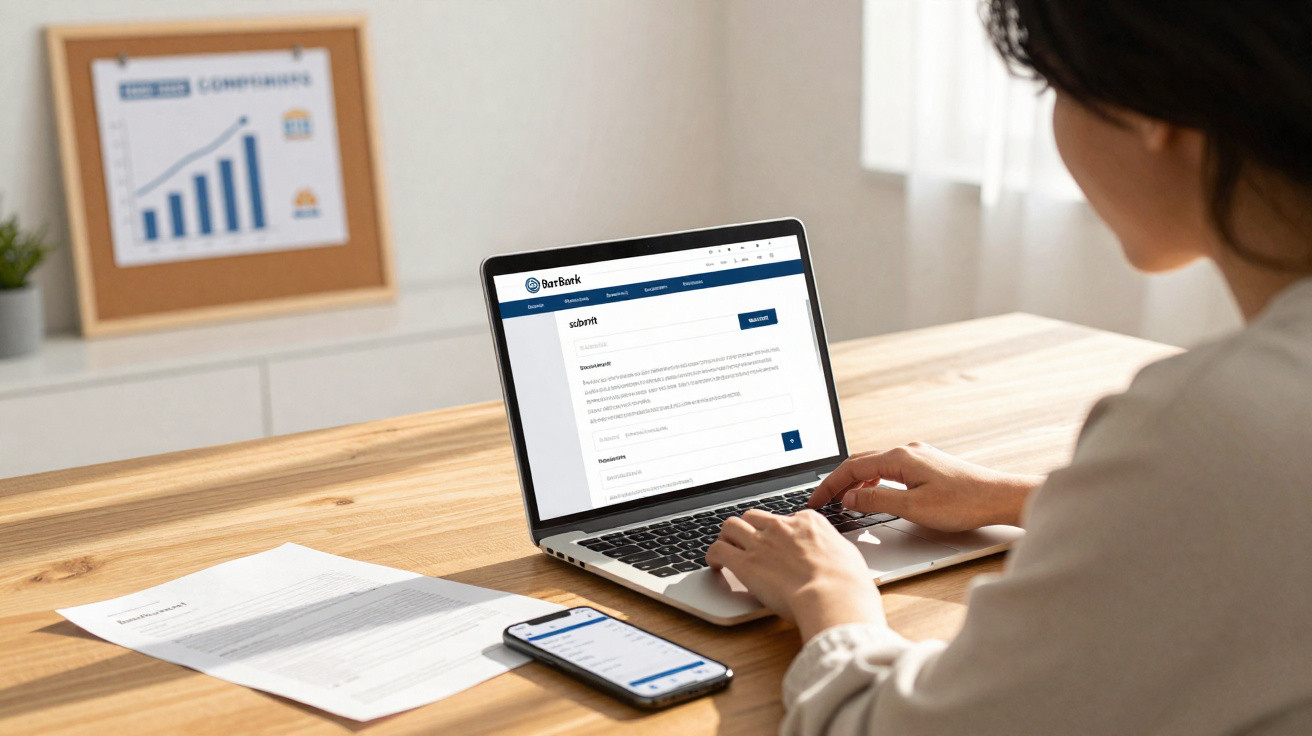 Pessoa a usar portátil para aceder a site de banco online, com telemóvel e documentos numa mesa de madeira.