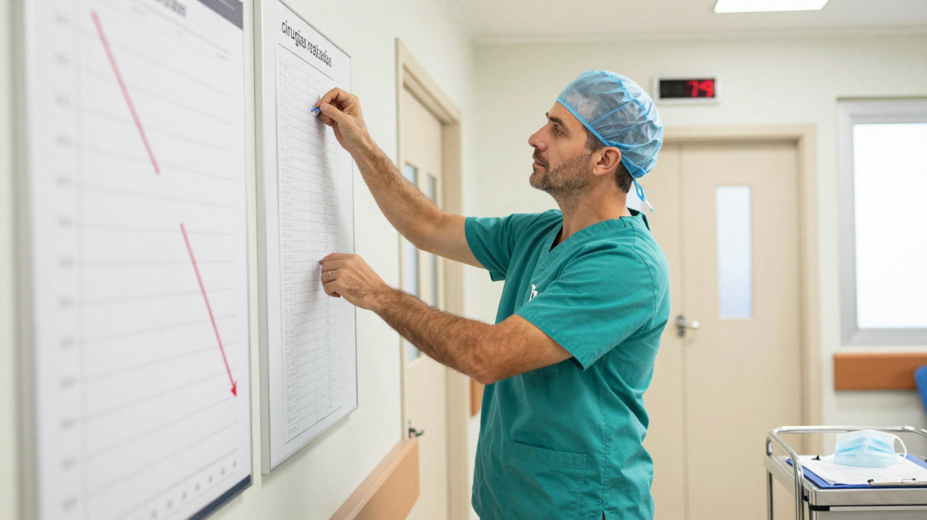 Profissional de saúde em uniforme verde escreve dados num quadro branco num corredor hospitalar.