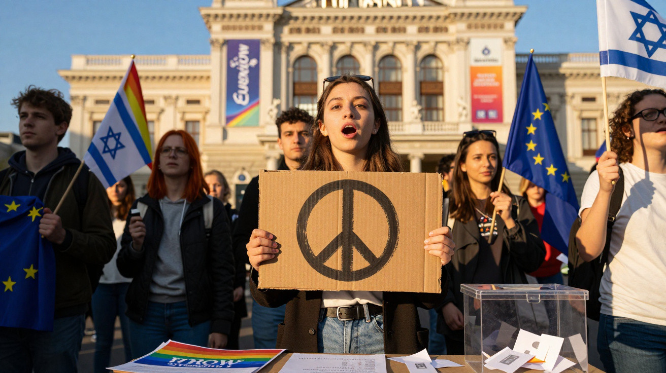 Jovem segura placa com símbolo da paz em protesto com bandeiras da Europa, Israel e arco-íris frente a edifício clássico.