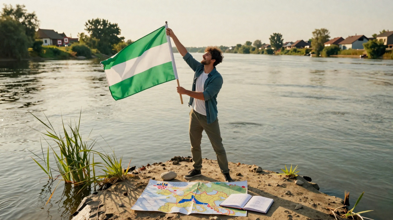 Homem segura bandeira verde e branca junto a mapas e caderno numa margem junto a rio com casas ao fundo.