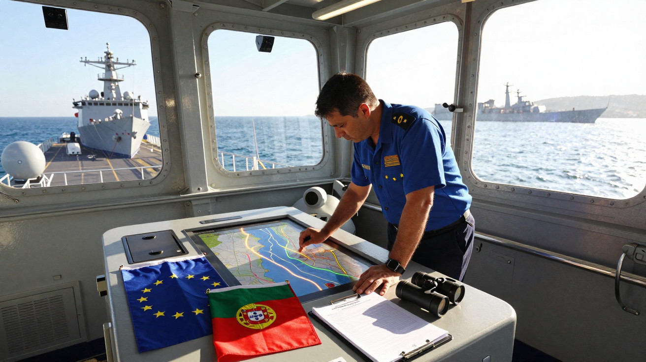 Marinheiro português em uniforme a analisar mapa naval no convés de comando com bandeiras e navios ao fundo.