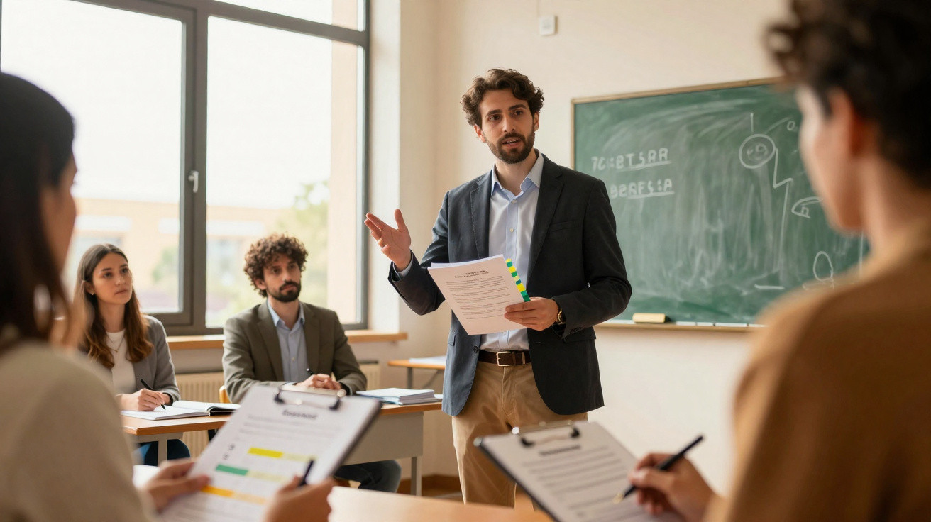 Professor a dar explicações a estudantes que tomam notas numa sala de aula com quadro negro ao fundo.
