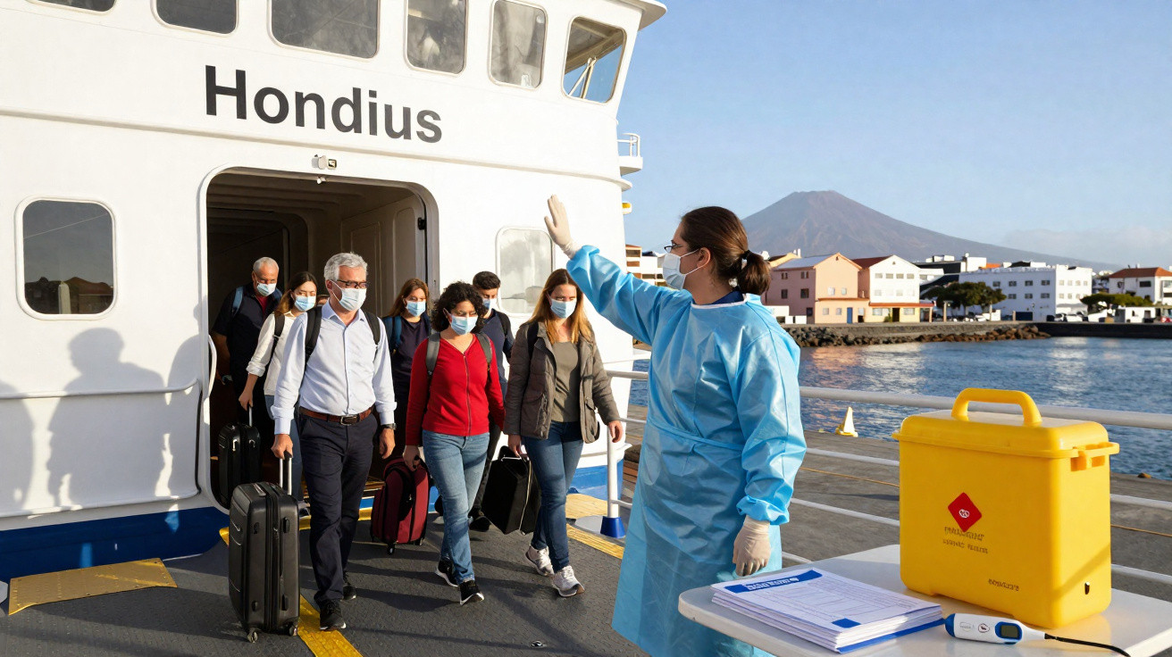 Passageiros com máscaras desembarcam do ferry Hondius, enquanto profissional de saúde os recebe com equipamento de proteção.