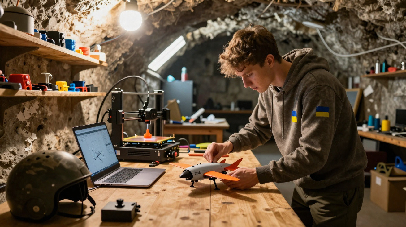 Jovem a montar um drone num atelier subterrâneo com equipamento de impressão 3D e computador portátil.