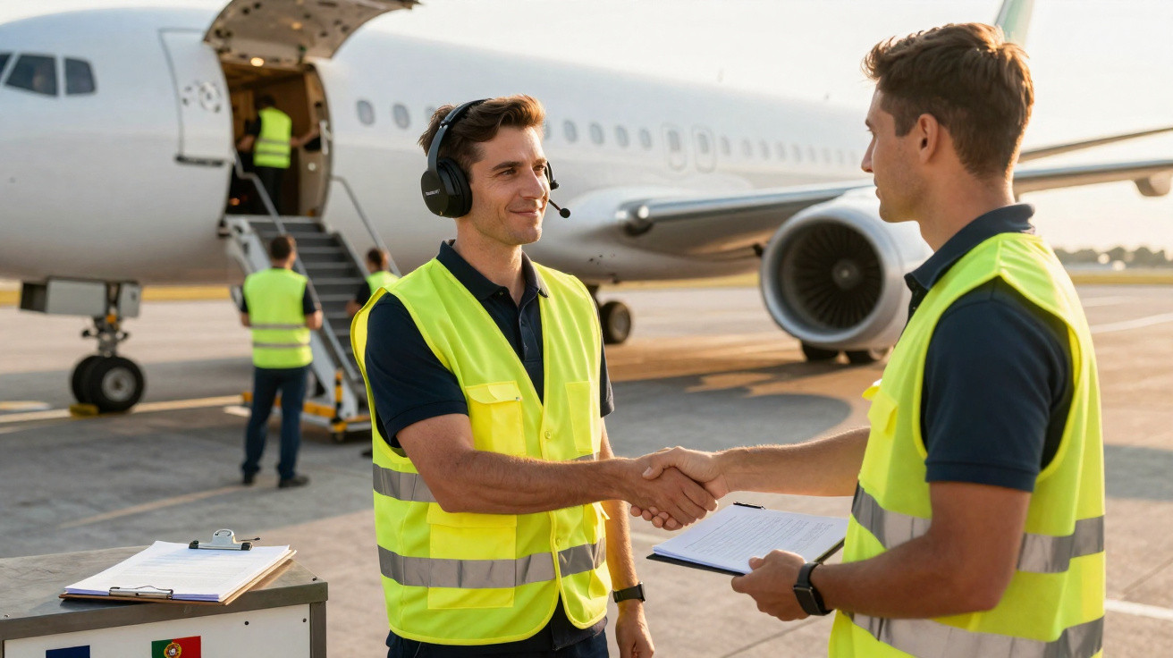 Dois trabalhadores com coletes refletivos cumprimentam-se junto a um avião no aeroporto ao pôr do sol.