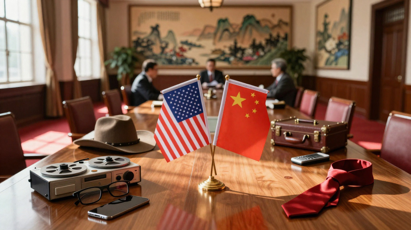 Bandeiras dos Estados Unidos e China numa mesa de reunião com objetos antigos e três homens ao fundo.