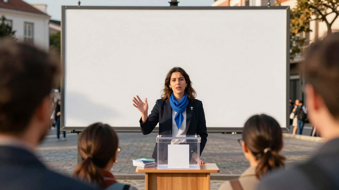 Mulher a discursar em pódio com urna de voto, diante de ecrã vazio e público atento ao ar livre.