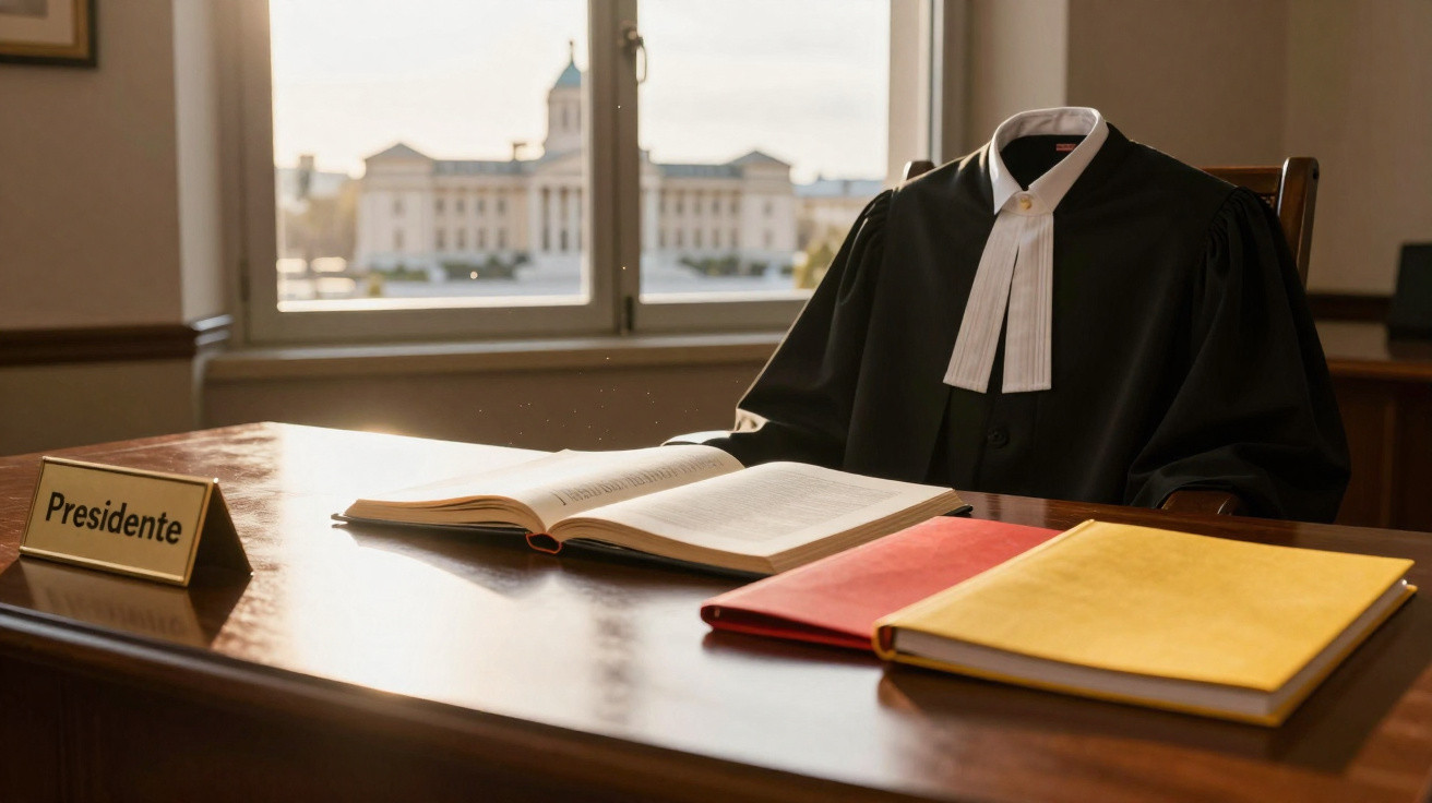 Bengala e vestes de juiz numa secretária com livros e placa "Presidente", junto a uma janela com vista de edifício.