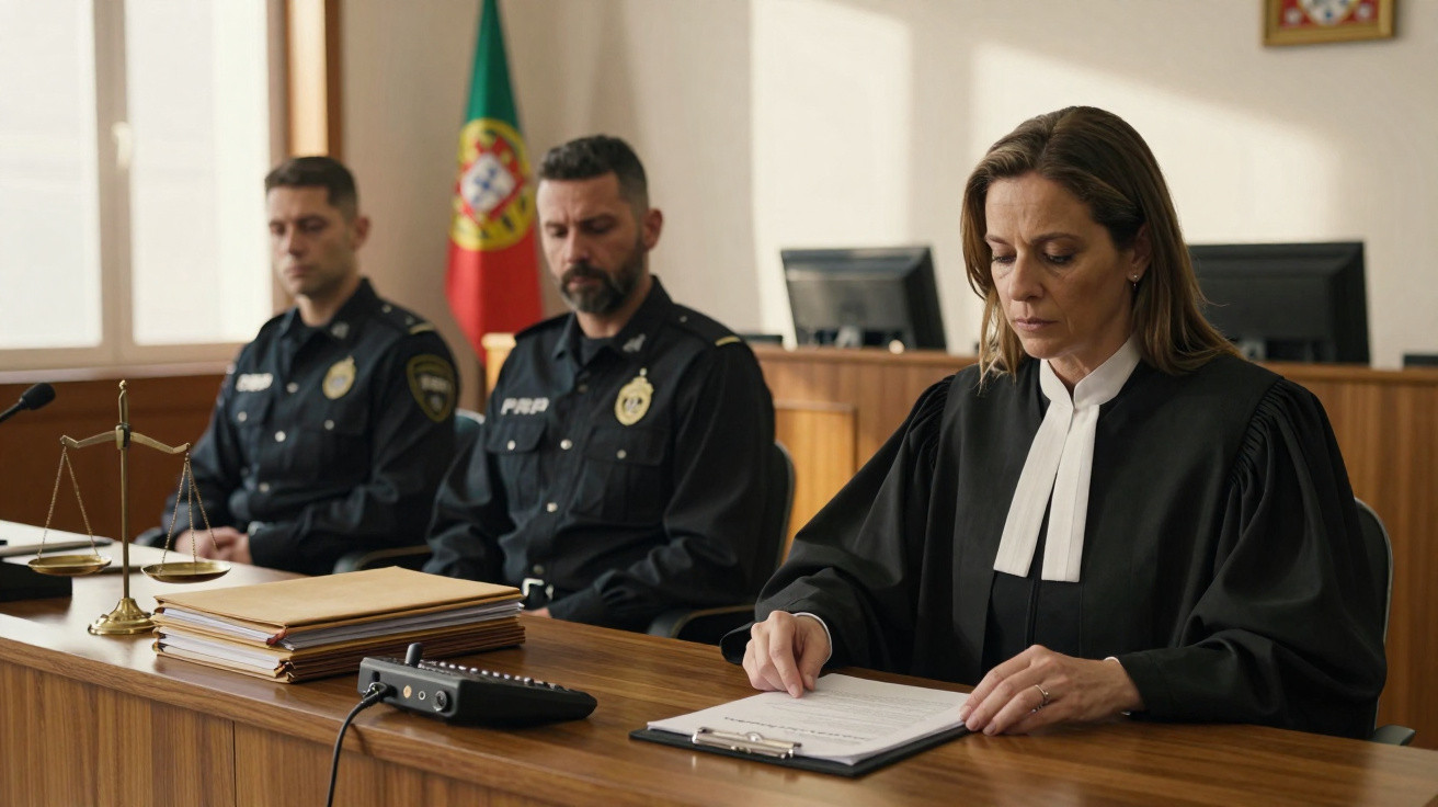Juíza lê documentos em tribunal com duas polícias sentadas ao fundo e bandeira de Portugal.