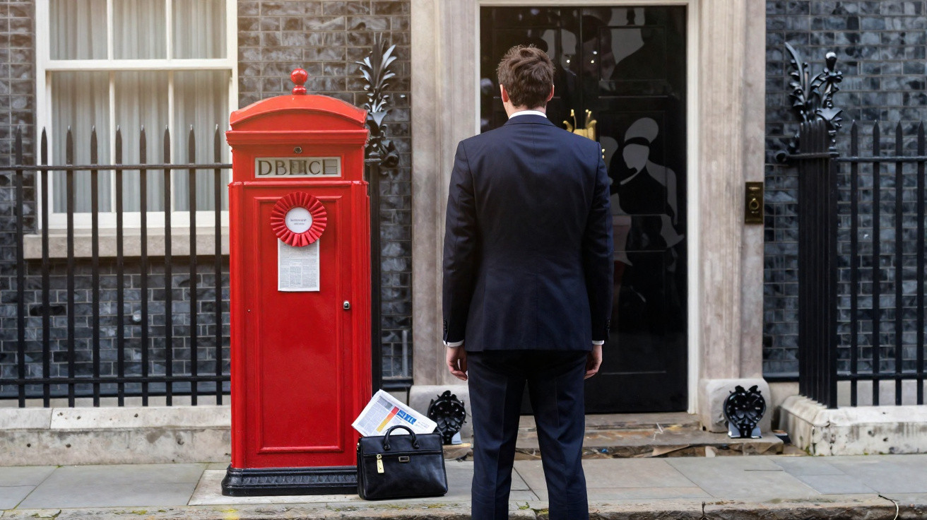 Homem de fato azul visto de costas em frente à caixa de cartas vermelha da 10 Downing Street em Londres.