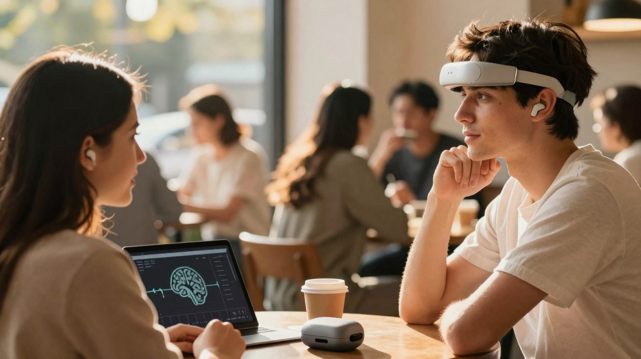 Duas pessoas num café, uma com dispositivo de monitorização cerebral e outra a olhar atentamente.
