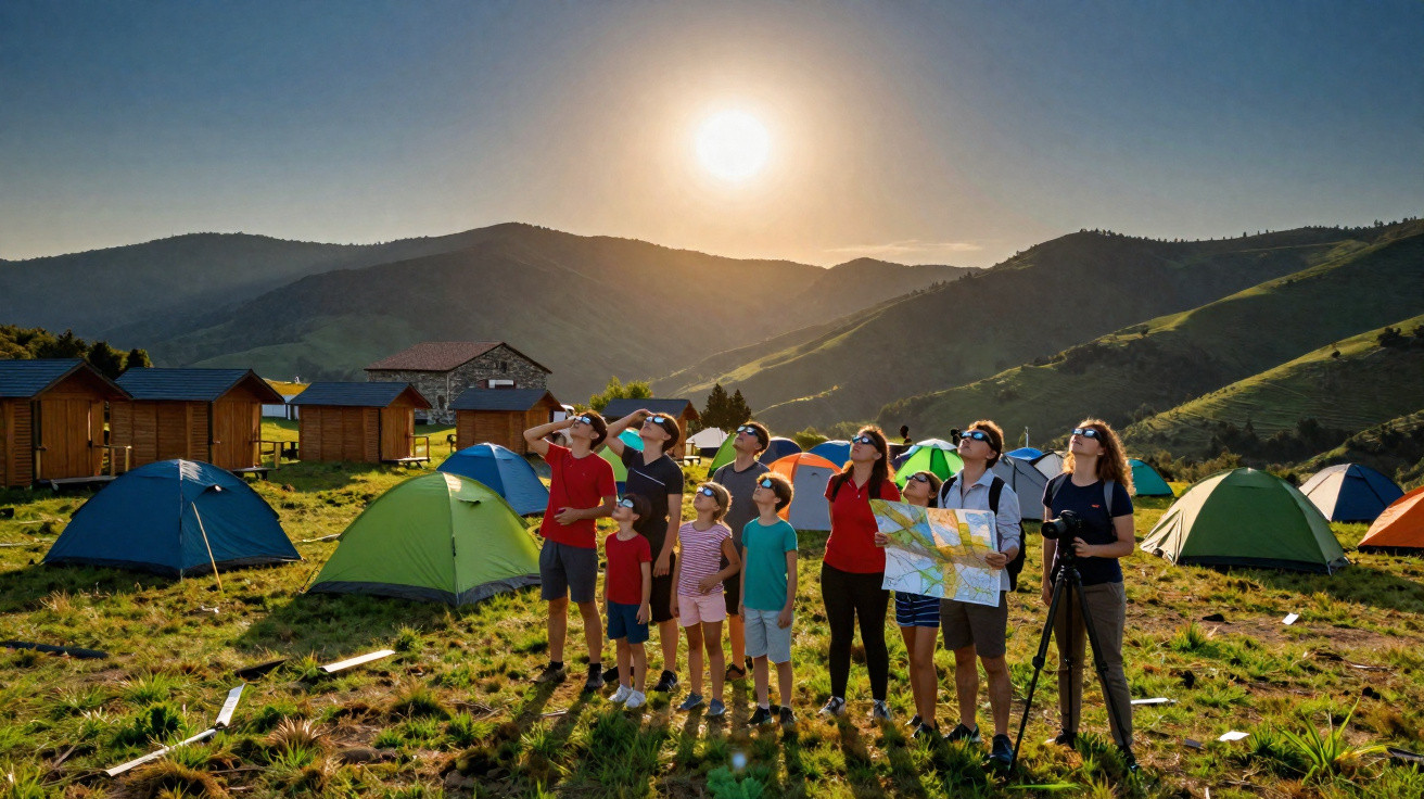 Grupo de pessoas numa campismo com tendas, observando o céu com óculos especiais ao pôr do sol nas montanhas.