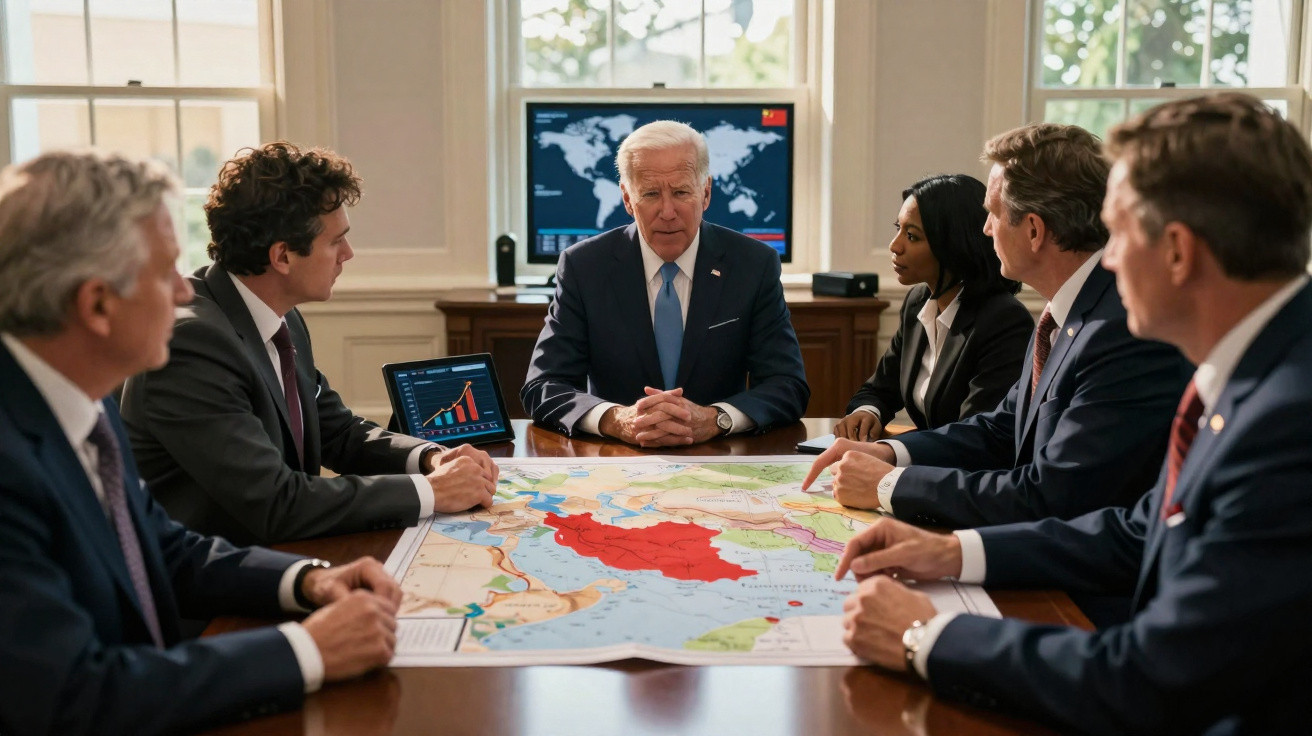 Grupo de pessoas em reunião formal em redor de mapa com áreas assinaladas e gráficos num escritório.