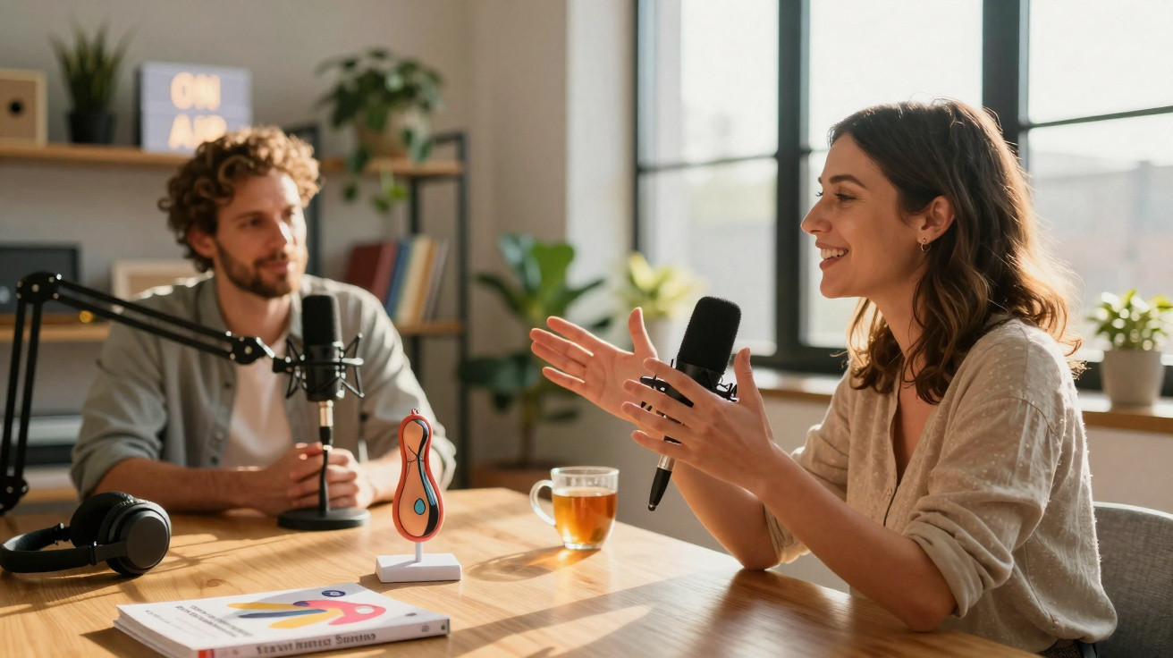 Duas pessoas a gravar um podcast num ambiente luminoso e descontraído com microfones e chá na mesa.
